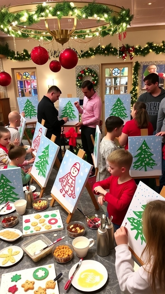 Participants enjoying a Christmas painting party with festive decorations and snacks.